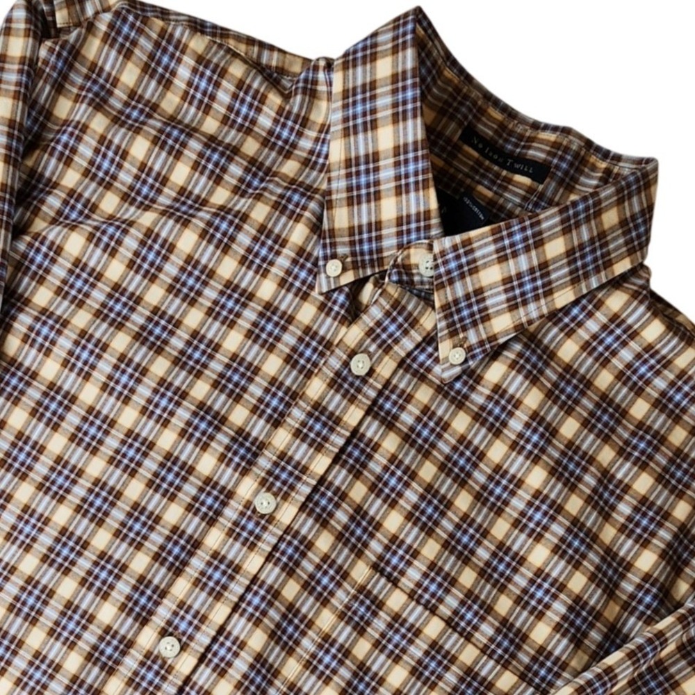 Lands End Mens L No Iron Twill Plaid Button Down Shirt Traditional Fit Brown